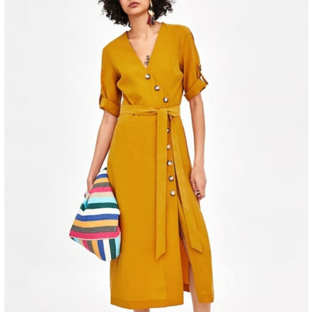 Zara midi mustard yellow button down dress